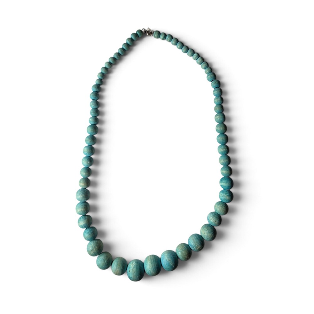Vintage Boho Distressed Turquoise Blue Wooden Bead Necklace Southwestern Indie - Picture 2 of 5
